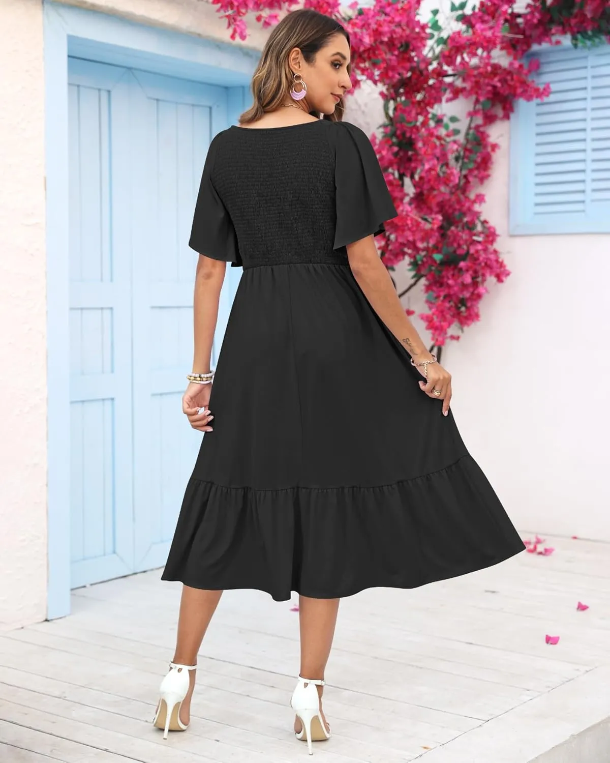 AUSELILY Women's Summer Empire Waist Dress Smocked Flutter Short Sleeve V Neck Midi Dresses 2025 New