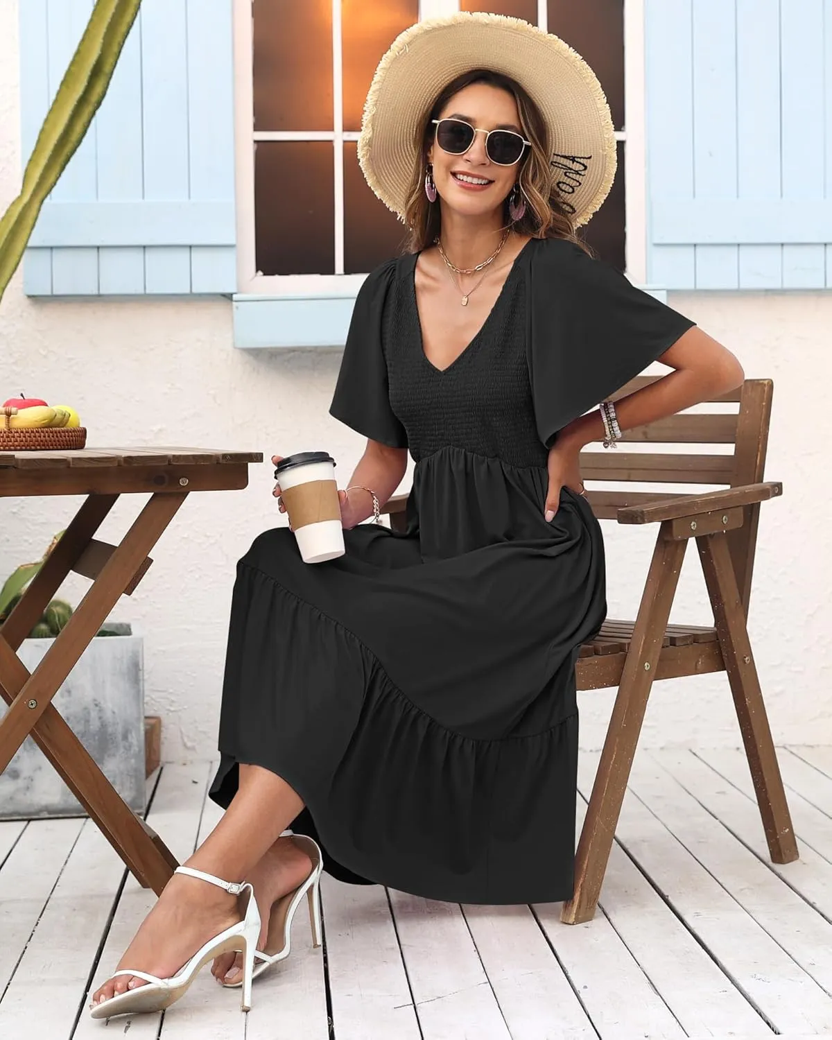 AUSELILY Women's Summer Empire Waist Dress Smocked Flutter Short Sleeve V Neck Midi Dresses 2025 New