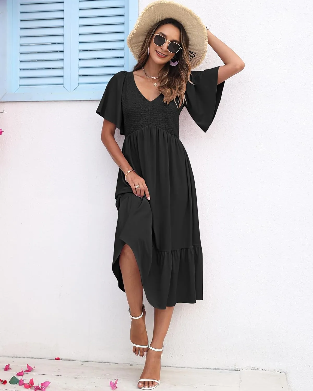AUSELILY Women's Summer Empire Waist Dress Smocked Flutter Short Sleeve V Neck Midi Dresses 2025 New