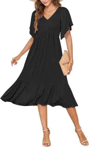 AUSELILY Women's Summer Empire Waist Dress Smocked Flutter Short Sleeve V Neck Midi Dresses 2025 New