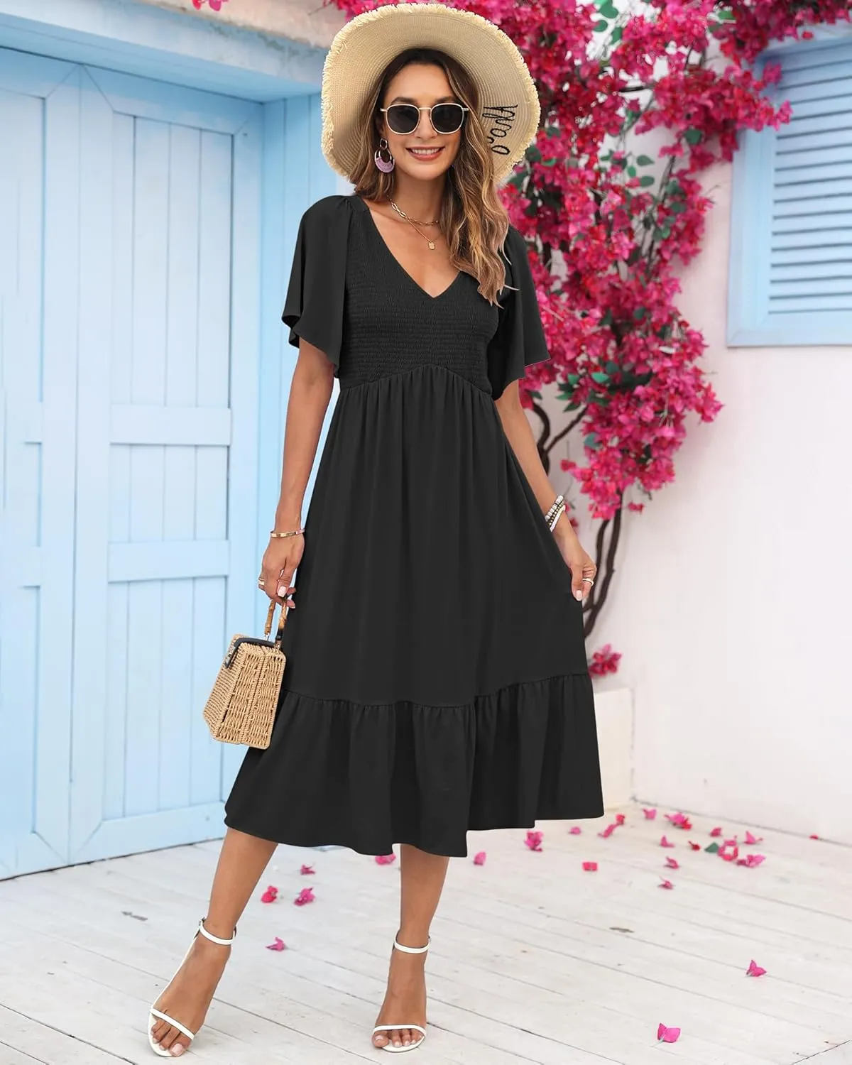 AUSELILY Women's Summer Empire Waist Dress Smocked Flutter Short Sleeve V Neck Midi Dresses 2025 New