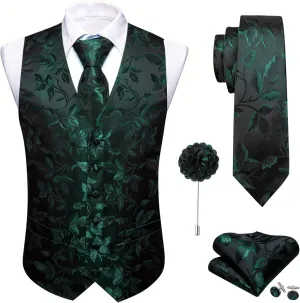 Barry.Wang Formal Men Flower Vest Paisley Jacquard Silk Ties Suit Waistcoat Set Wedding 5PCS