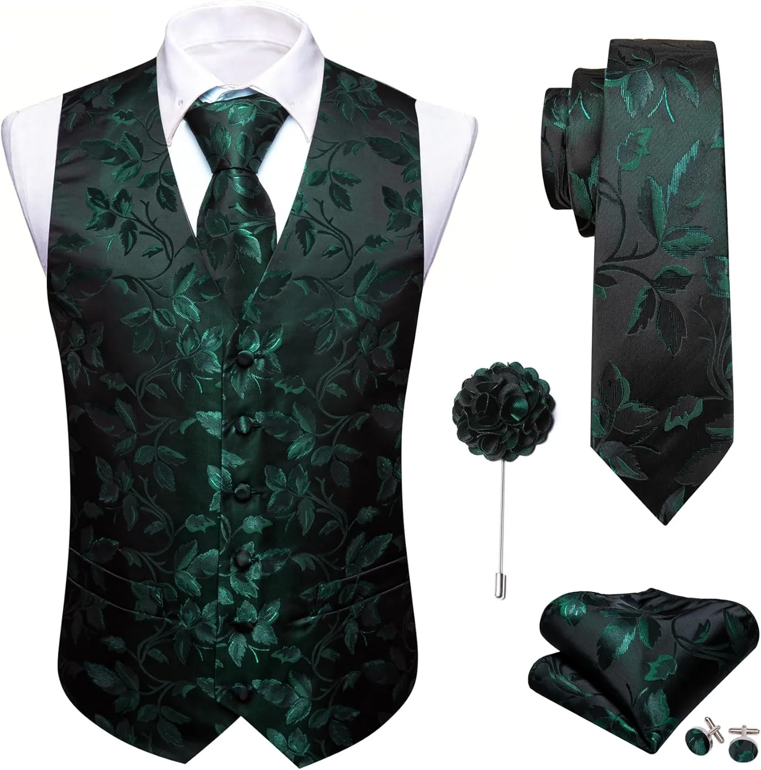 Barry.Wang Formal Men Flower Vest Paisley Jacquard Silk Ties Suit Waistcoat Set Wedding 5PCS
