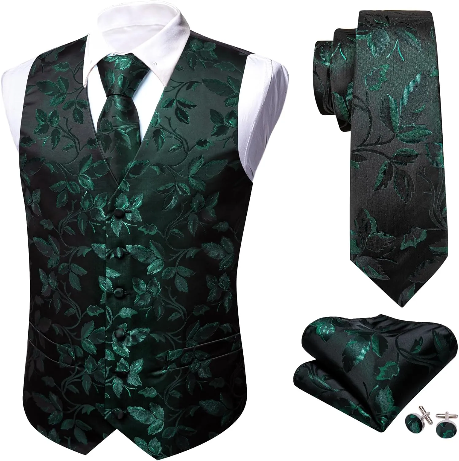 Barry.Wang Formal Men Flower Vest Paisley Jacquard Silk Ties Suit Waistcoat Set Wedding 5PCS