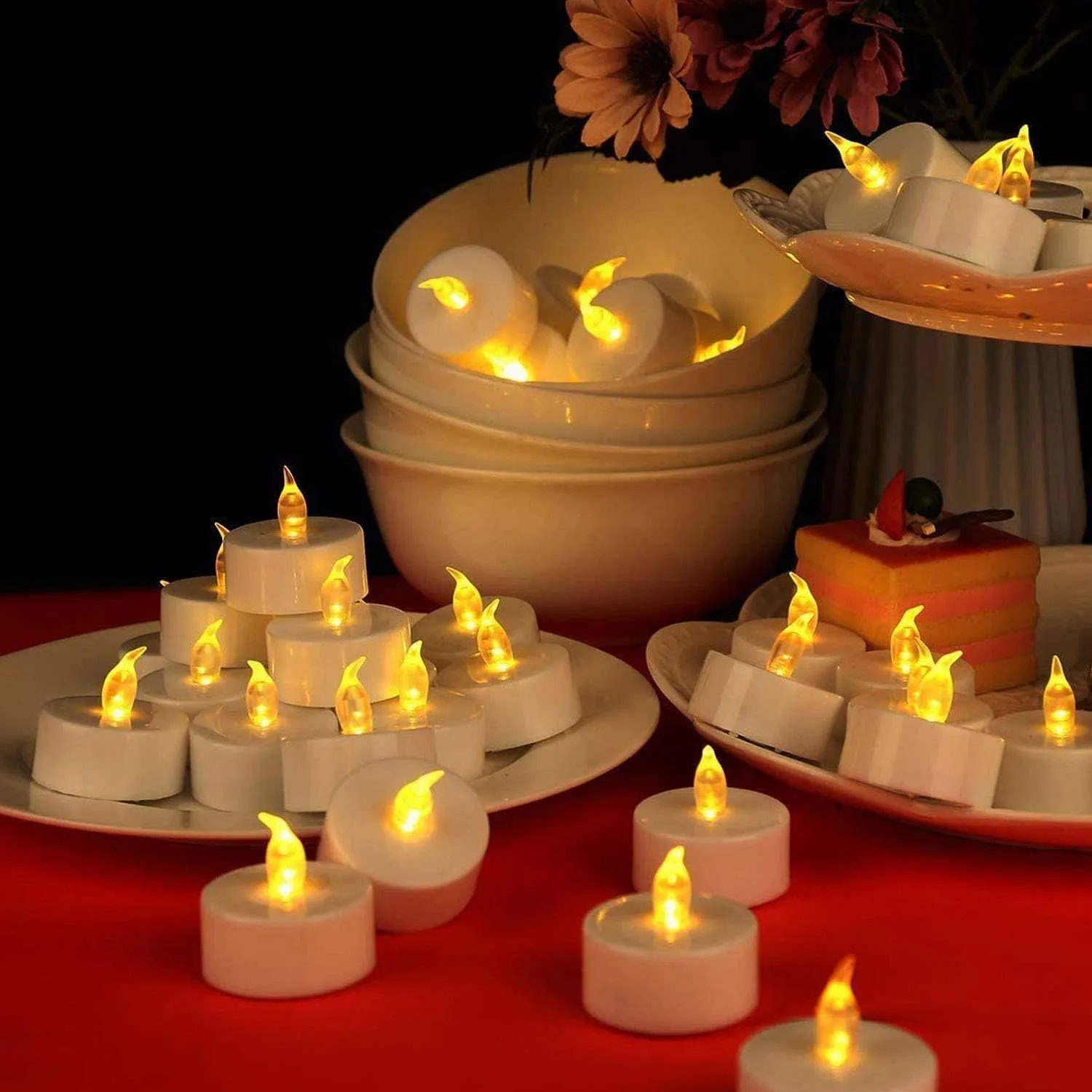 Battery Operated Led Tea Lights Candles:50 Pack Flameless Electric Fake Candle, Realistic and Bright Flickering Votive Tealights, Long Lasting 200 Hours,for Wedding,Party,Home Decoration (Warm Yellow)