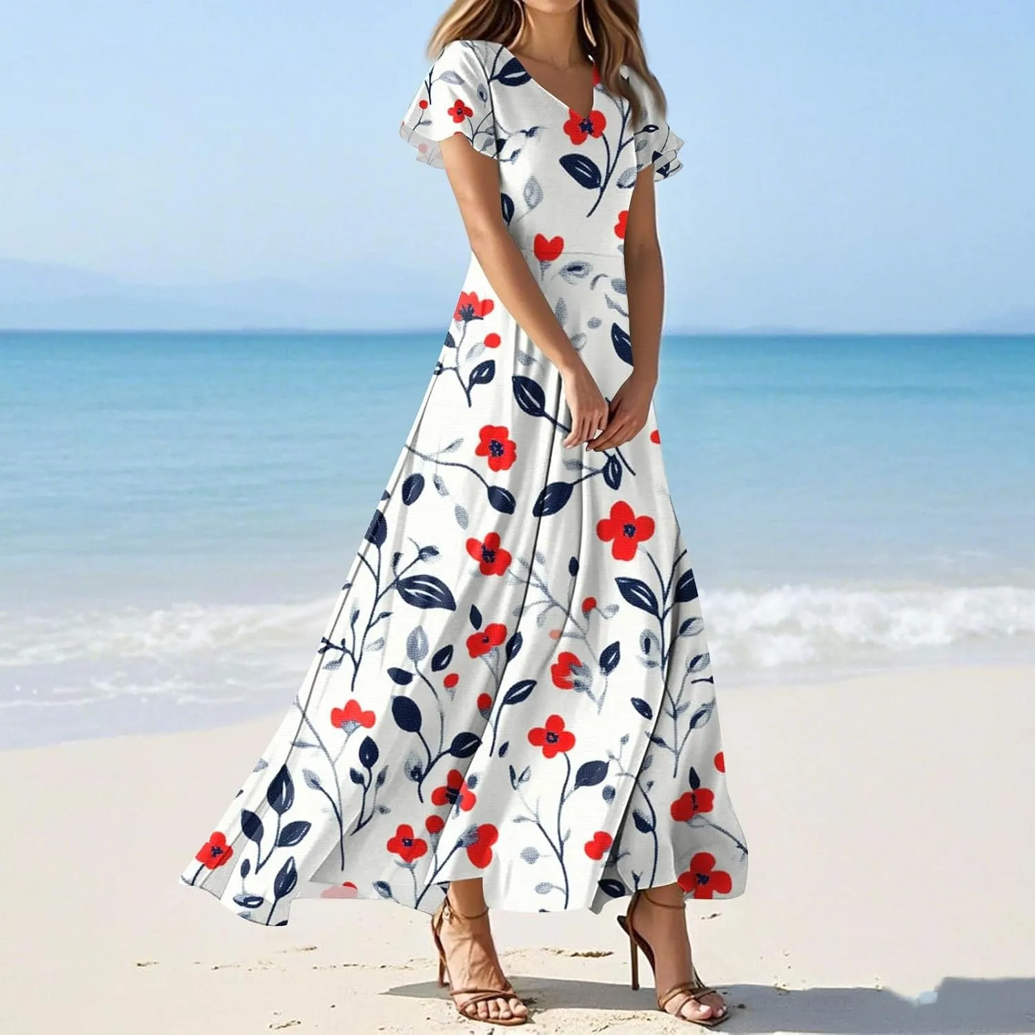 Beautiful School Tunic Dress Woman Wide Sleeve Crops Sheer Dress Lady Floral Printed Soft Summer High Waist Dresses