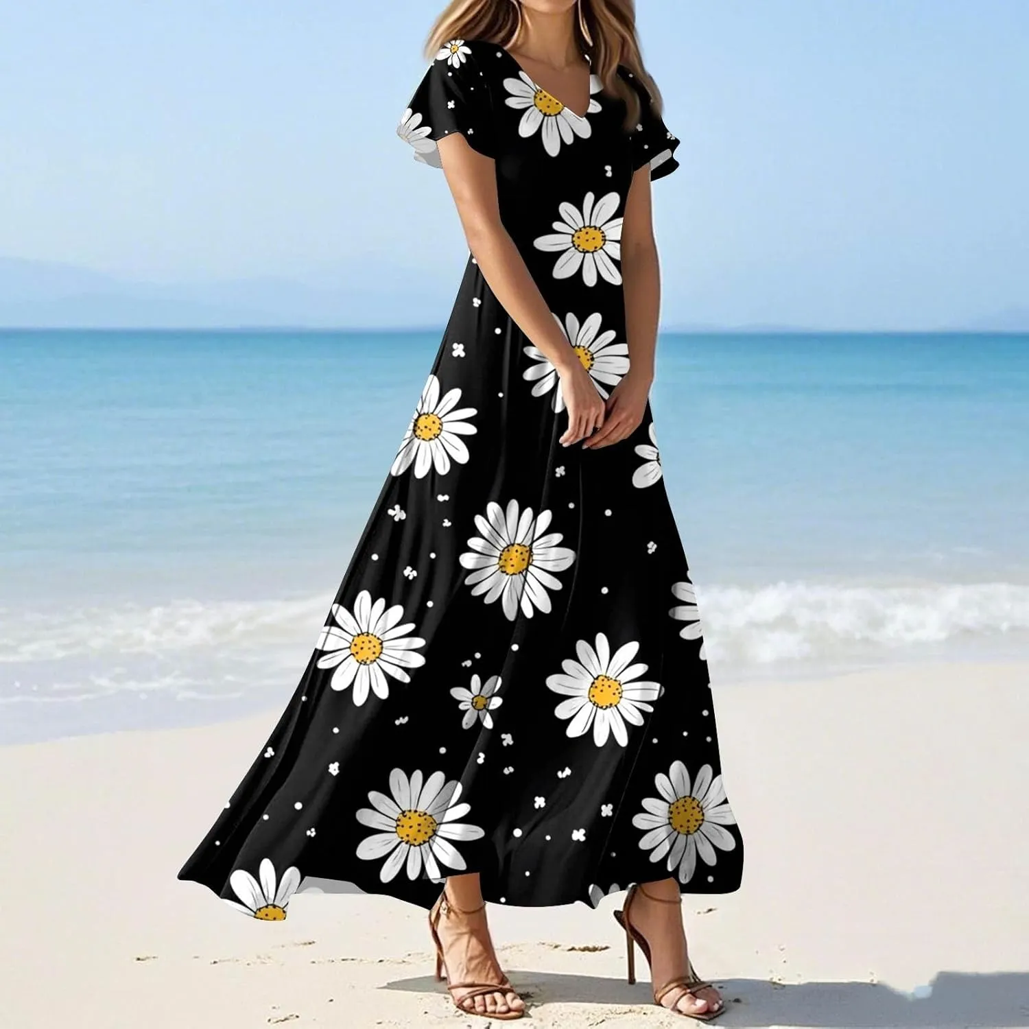 Beautiful School Tunic Dress Woman Wide Sleeve Crops Sheer Dress Lady Floral Printed Soft Summer High Waist Dresses