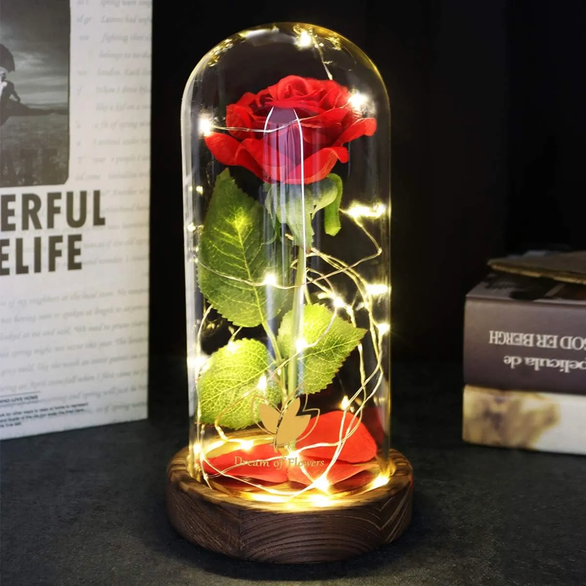 Beauty and The Beast Rose, Mothers Day Roses Gifts for Mom, Birthday Gifts for Women, Light Up Rose in Glass Dome, Eternal Rose Flower Gifts for Her, Rose Gifts Girlfriends for Wife