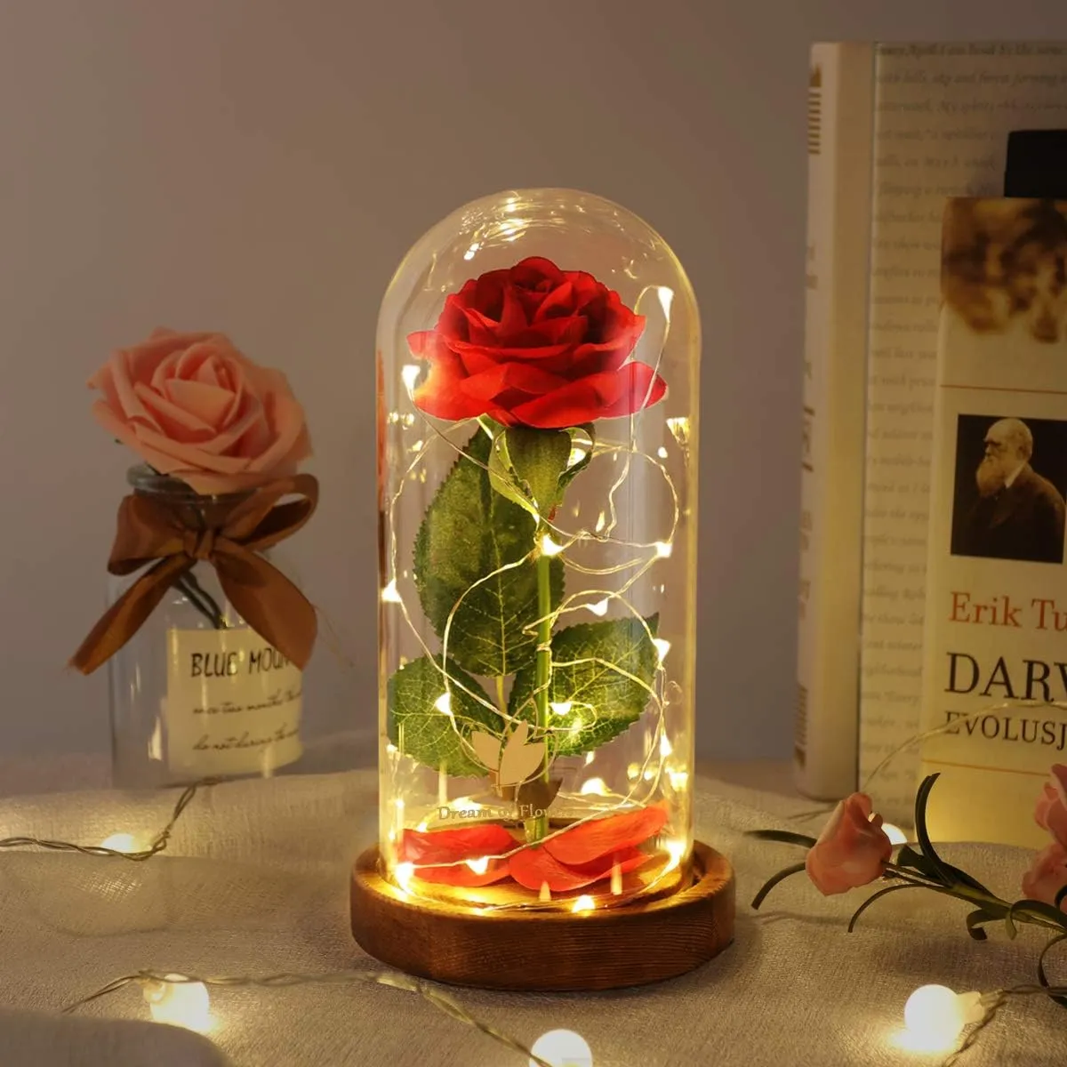 Beauty and The Beast Rose, Mothers Day Roses Gifts for Mom, Birthday Gifts for Women, Light Up Rose in Glass Dome, Eternal Rose Flower Gifts for Her, Rose Gifts Girlfriends for Wife