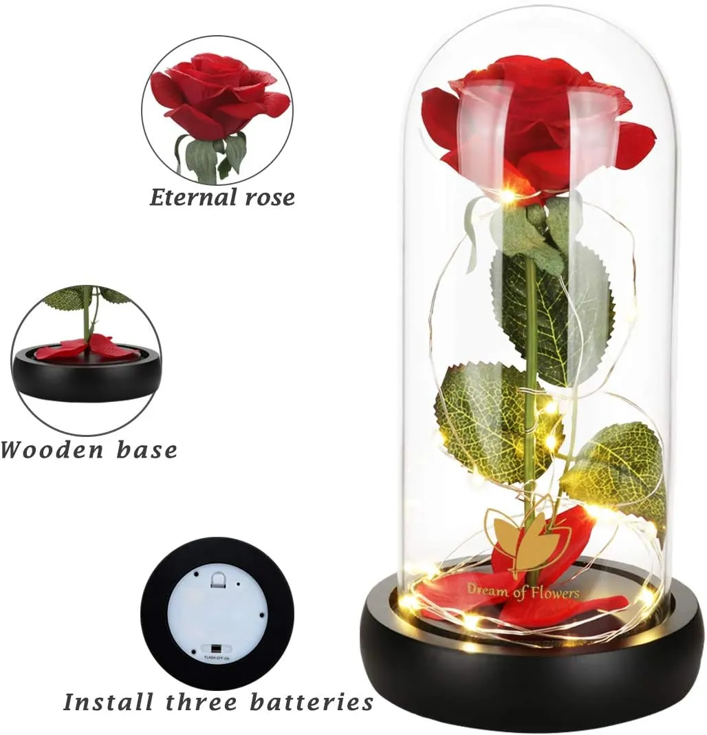 Beauty and The Beast Rose, Rose Flower Gifts for Women, Gifts for Her, Birthday Gifts for Womens, Eternal Rose Artificial Flower Light Up Rose in Glass Dome, Glass Roes Flower Gifts for Her