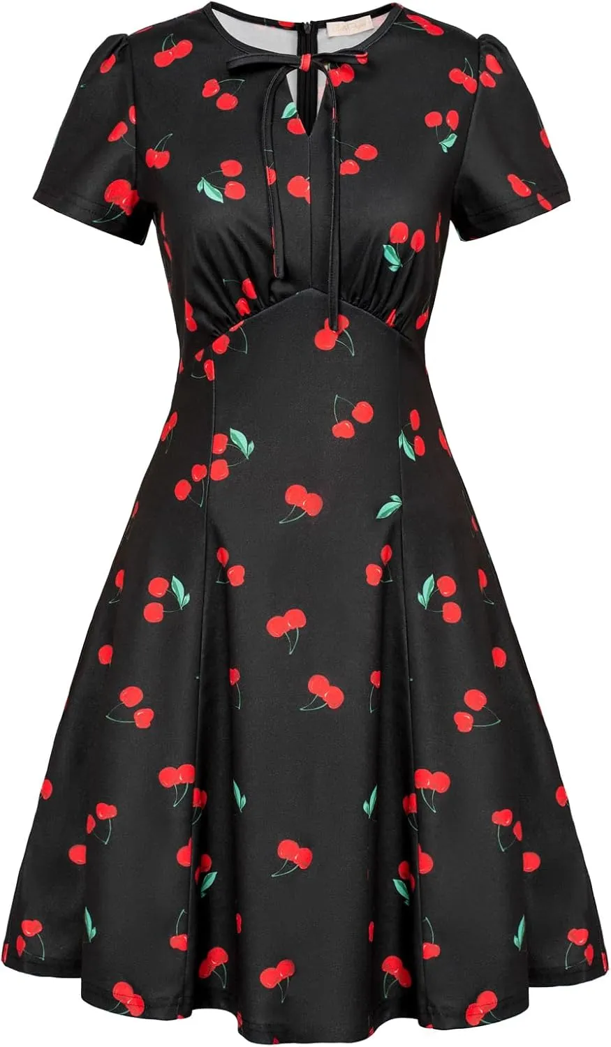 Belle Poque Women's 1940s Vintage A Line Swing Dress Keyhole Tie Dress Round Neck Work Dress Tea Dress