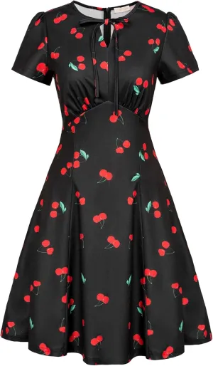 Belle Poque Women's 1940s Vintage A Line Swing Dress Keyhole Tie Dress Round Neck Work Dress Tea Dress
