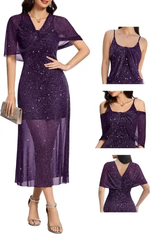 BeryLove Women Sequin Formal Party Dress Cocktail Evening Gown Wedding Dresses with Shawl