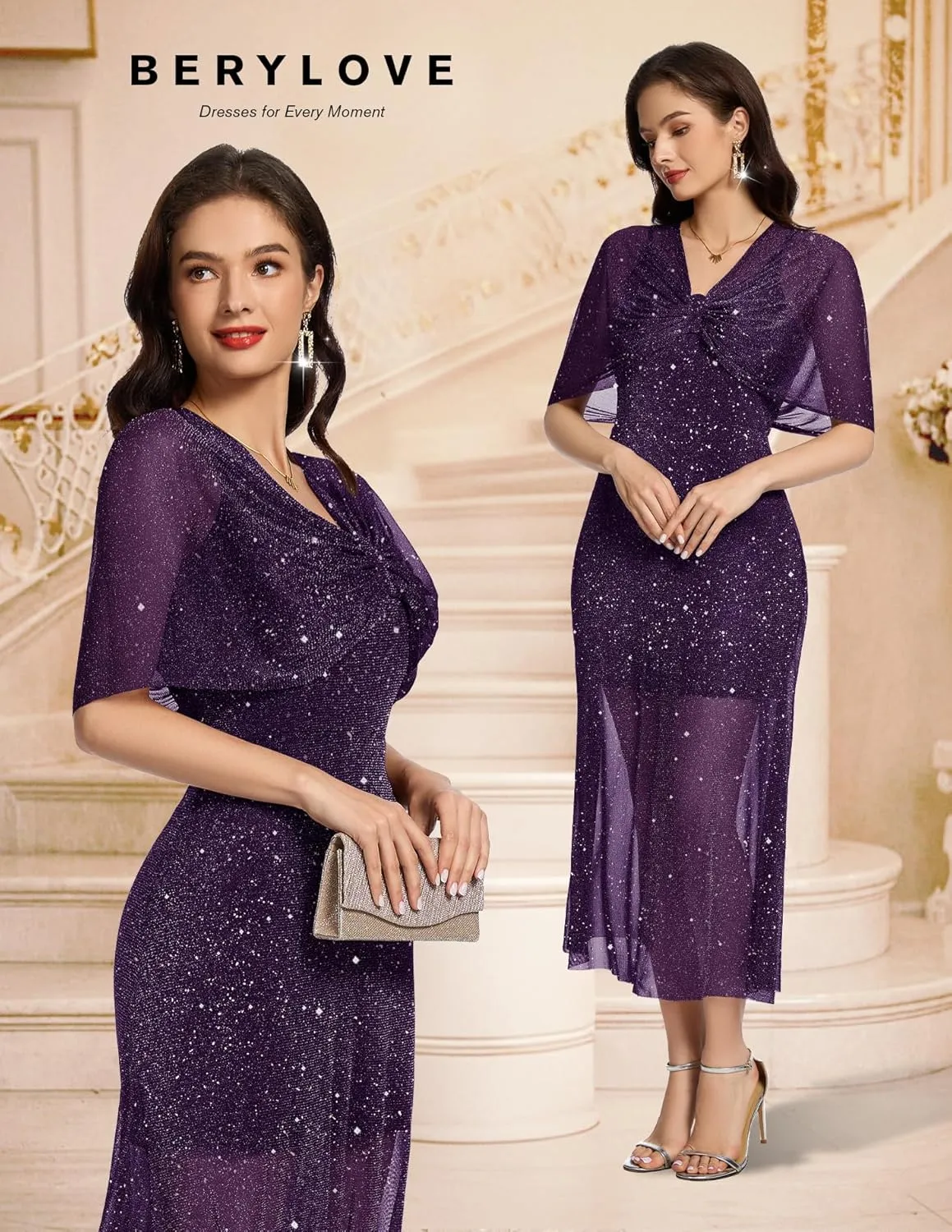 BeryLove Women Sequin Formal Party Dress Cocktail Evening Gown Wedding Dresses with Shawl