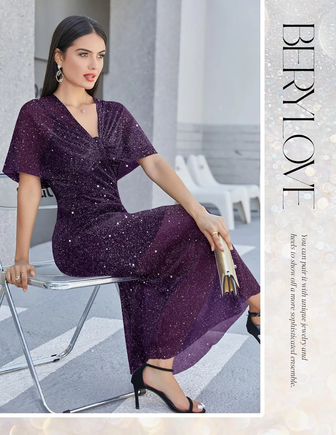 BeryLove Women Sequin Formal Party Dress Cocktail Evening Gown Wedding Dresses with Shawl
