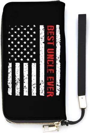 Best Uncle Ever Red Line USA Flag Wallet Leather Card Holder Purse Clutch Phone Pocket Credit Card Holder with Wristlet Strap