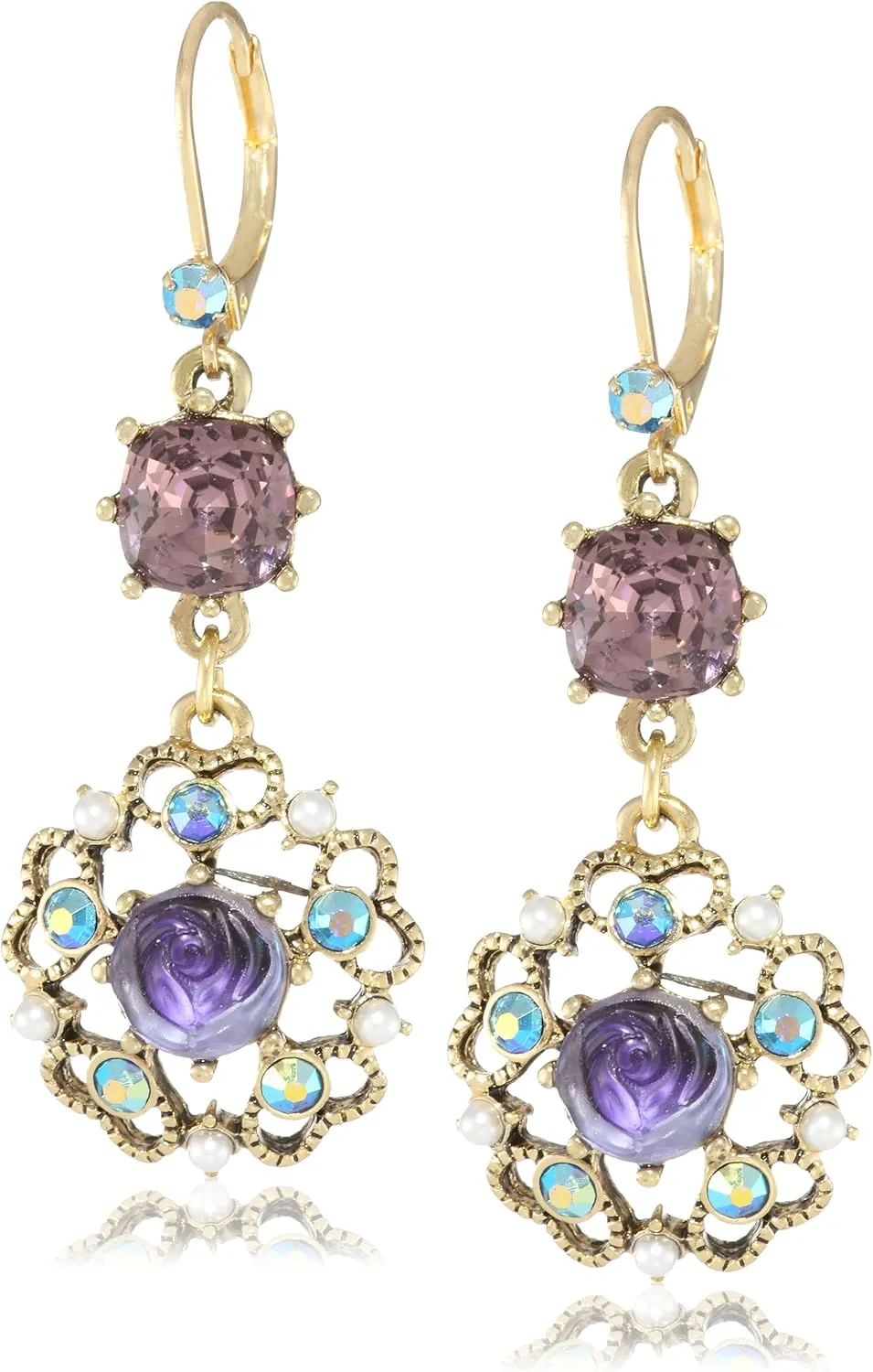 Betsey Johnson Carved Flower Medallion & Crystal Gem Drop Earrings,Purple