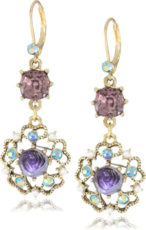 Betsey Johnson Carved Flower Medallion & Crystal Gem Drop Earrings,Purple