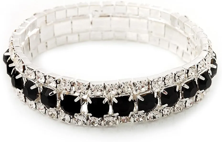 Black & Clear Diamante Flex Bracelet (Silver Tone Metal) - 18cm Length