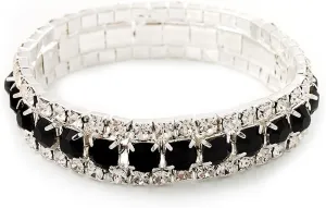 Black & Clear Diamante Flex Bracelet (Silver Tone Metal) - 18cm Length