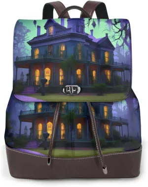 Black Haunted Mansions Stylish Leather Backpack for Women-Premium Purses for Women-Bolsos Para Mujeres for Travel,and More