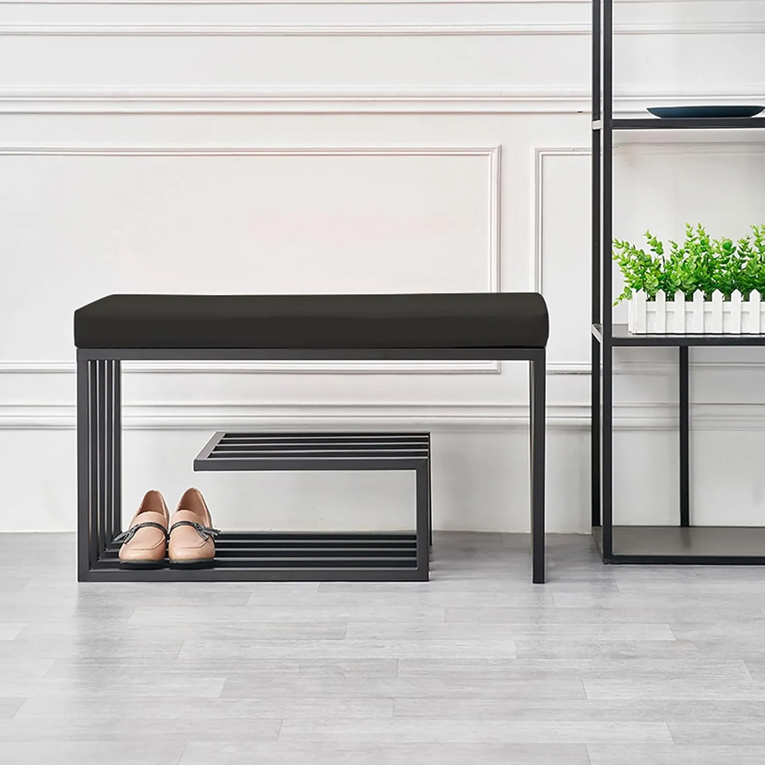 Black Shoe Rack Bench with Cushion, 2-Tier Entryway Storage Organizer, Stylish Metal Frame for Bedroom, Living Room, Bathroom - Space-Saving Footwear Solution