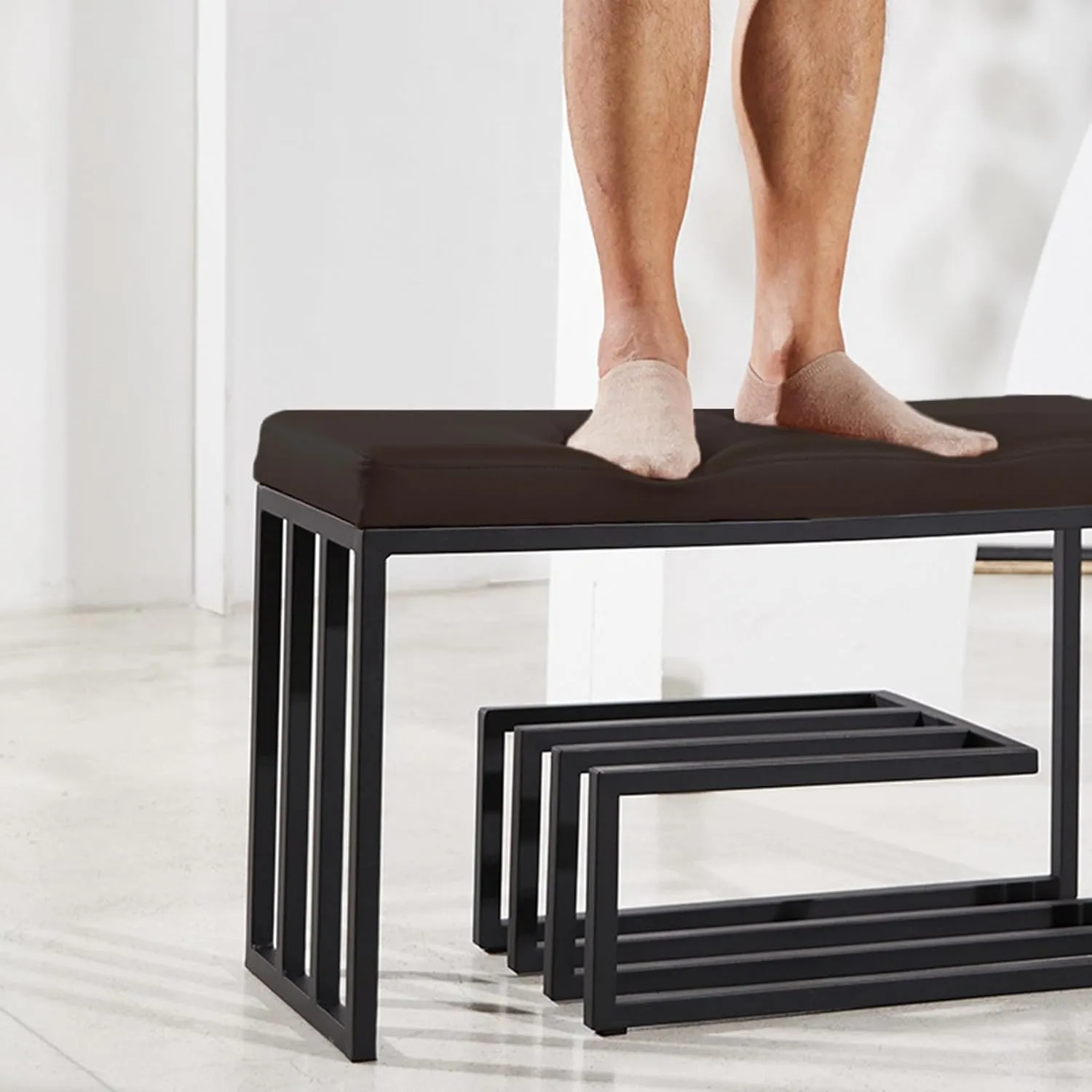 Black Shoe Rack Bench with Cushion, 2-Tier Entryway Storage Organizer, Stylish Metal Frame for Bedroom, Living Room, Bathroom - Space-Saving Footwear Solution