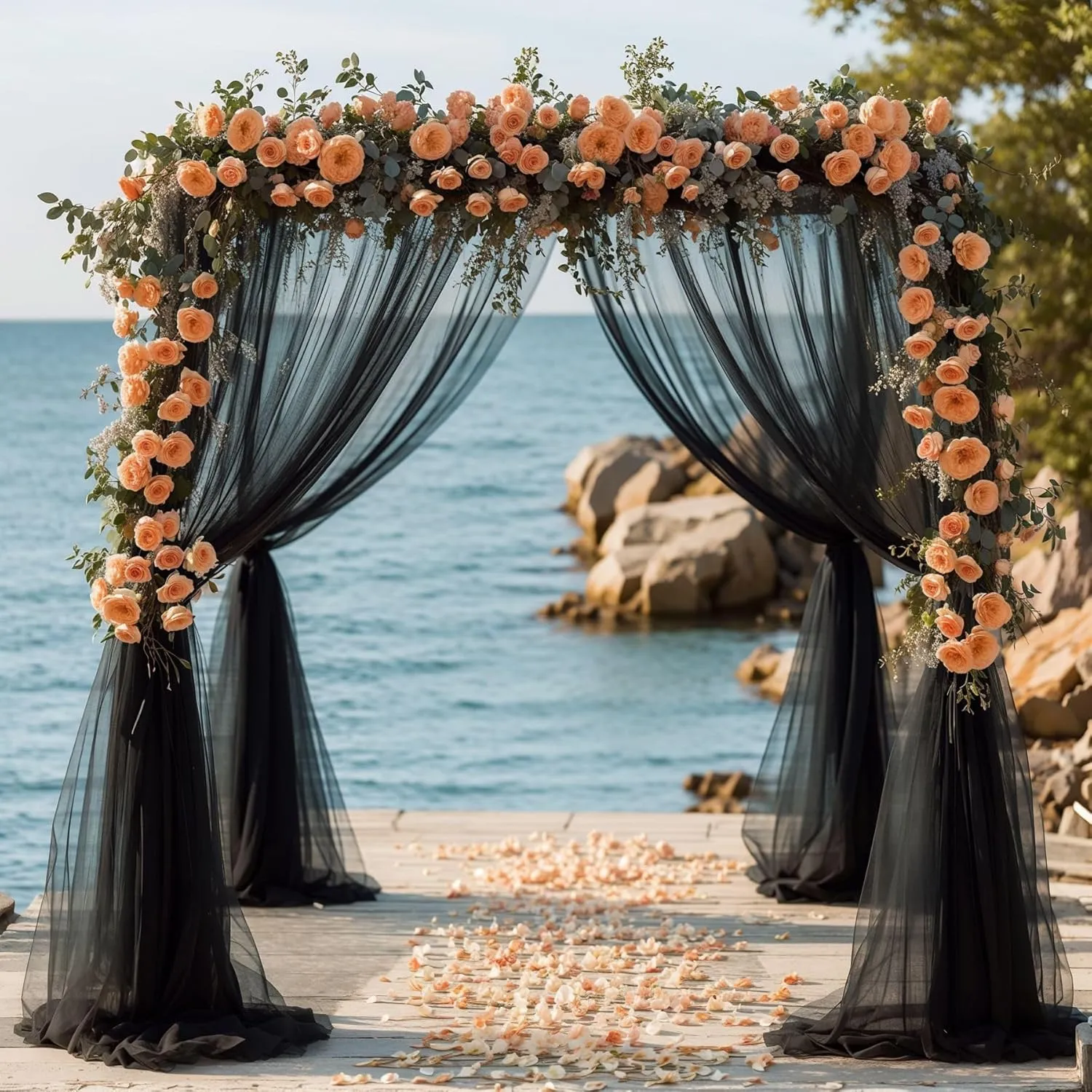 Black Wedding Arch Draping Fabric 2 Panels 19 FT Arch Drapes Sheer Backdrop Curtains Panels for Wedding Ceremony Party Ceiling Decoration