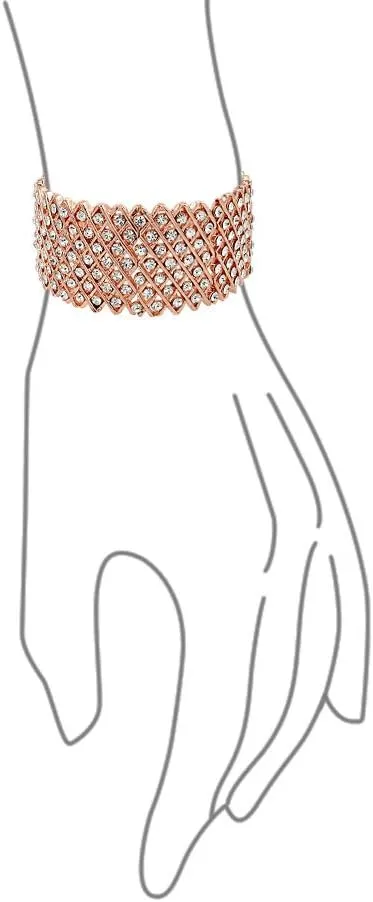 Bling Jewelry Brides Wedding Fashion Wide Pink Rose Gold Plated White Crystal Encrusted Statement Stretch Bracelet For Women Teens Prom Adjustable