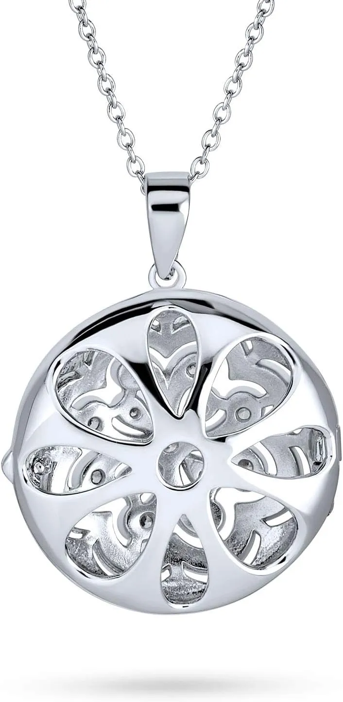 Bling Jewelry Vintage Style Filigree Star Flower Round Circle Aromatherapy Essential Oil Perfume Diffuser Keepsake Photo Heart Shape Locket Pendant Necklace For Women Teens .925 Sterling Silver