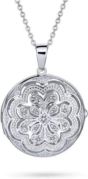 Bling Jewelry Vintage Style Filigree Star Flower Round Circle Aromatherapy Essential Oil Perfume Diffuser Keepsake Photo Heart Shape Locket Pendant Necklace For Women Teens .925 Sterling Silver