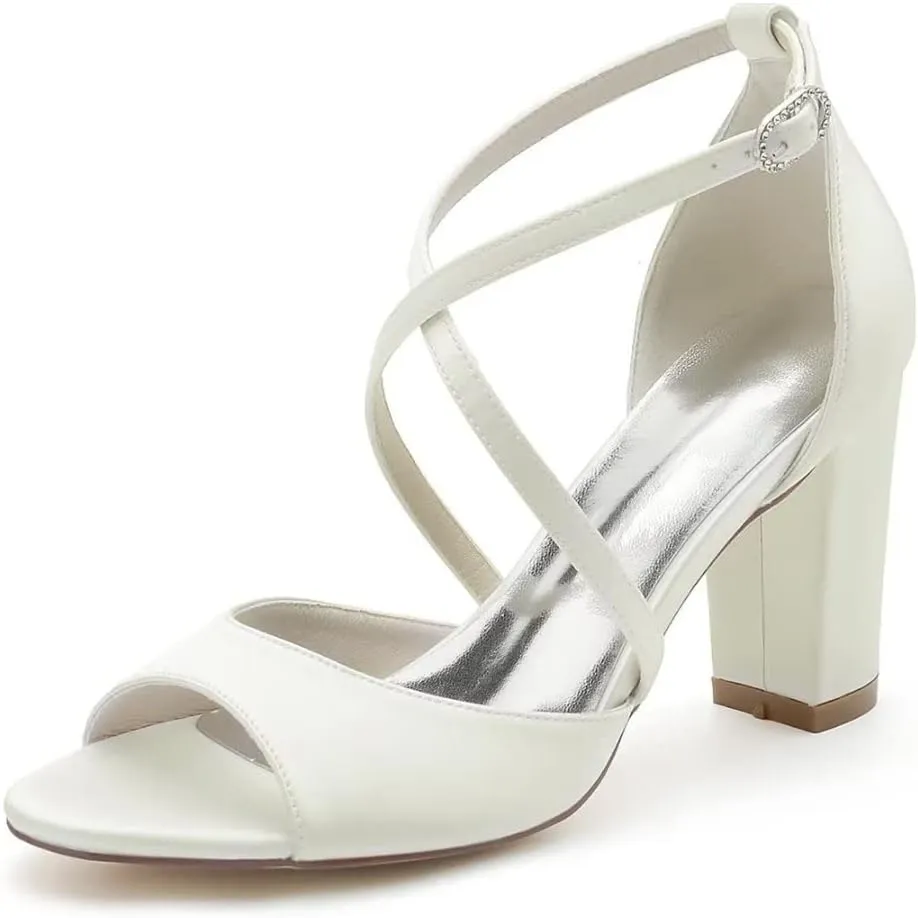 Block Heel Wedding Sandals Cross Strap Chunky Heels for Bride Evening Shoes for Women Formal