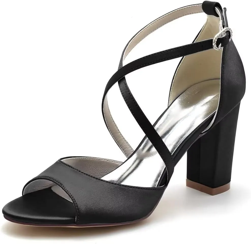 Block Heel Wedding Sandals Cross Strap Chunky Heels for Bride Evening Shoes for Women Formal