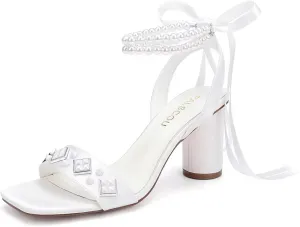 Block Heel Wedding Sandals Open Toe Wedding Shoes for Bride Pearl Heels Studded Bridal Shoes