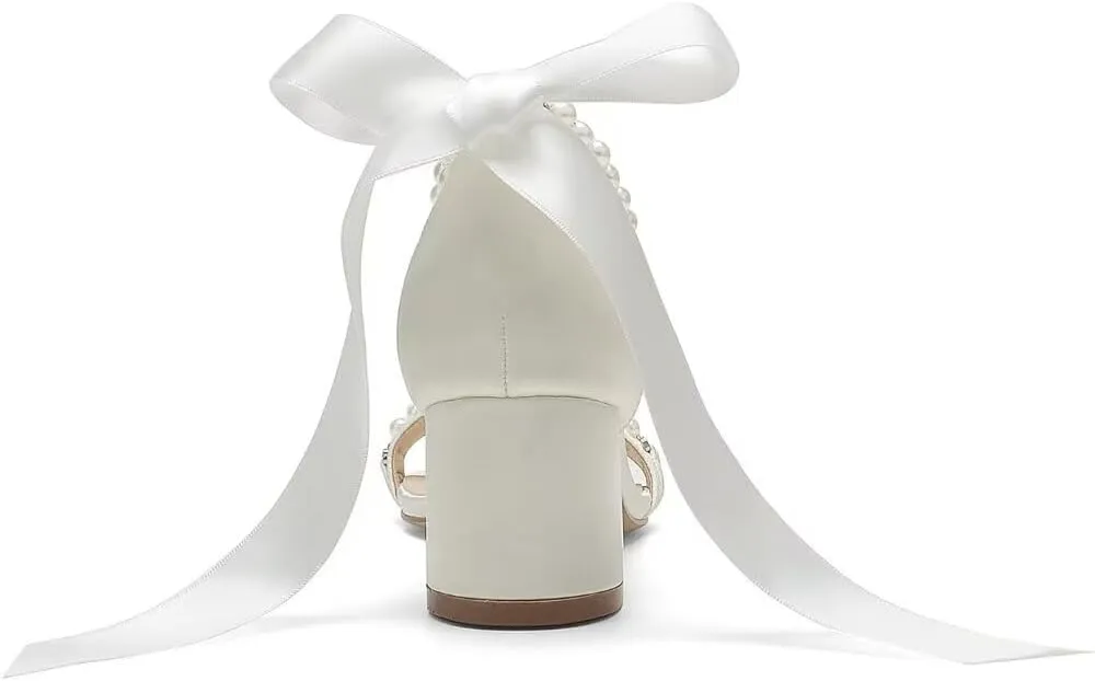 Block Heel Wedding Sandals, Pearl Embellished Ankle Strap, Low Heel Bridal Shoes for Women, Size EU 36-41