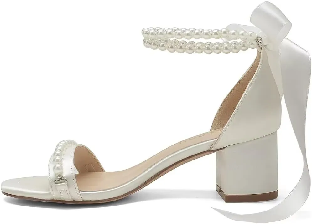 Block Heel Wedding Sandals, Pearl Embellished Ankle Strap, Low Heel Bridal Shoes for Women, Size EU 36-41