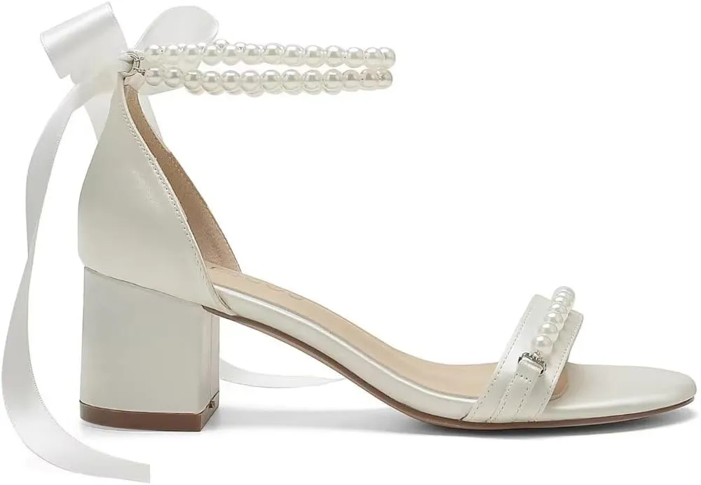 Block Heel Wedding Sandals, Pearl Embellished Ankle Strap, Low Heel Bridal Shoes for Women, Size EU 36-41