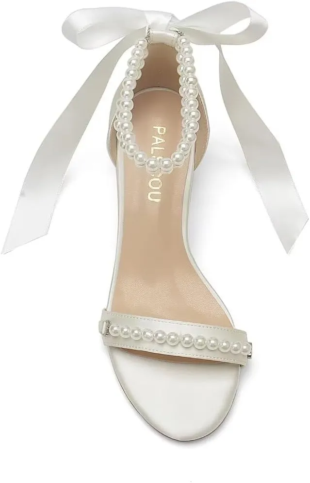 Block Heel Wedding Sandals, Pearl Embellished Ankle Strap, Low Heel Bridal Shoes for Women, Size EU 36-41