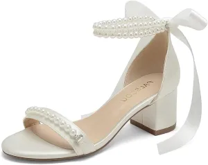 Block Heel Wedding Sandals, Pearl Embellished Ankle Strap, Low Heel Bridal Shoes for Women, Size EU 36-41