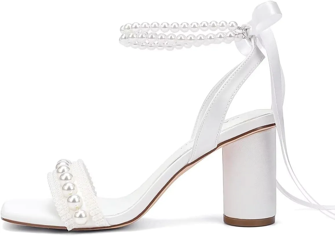 Block Heel Wedding Sandals Pearl Heels Wedding Shoes for Bride Open Toe Bridal Shoes