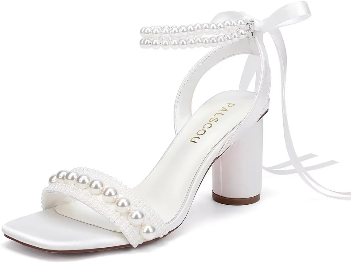 Block Heel Wedding Sandals Pearl Heels Wedding Shoes for Bride Open Toe Bridal Shoes