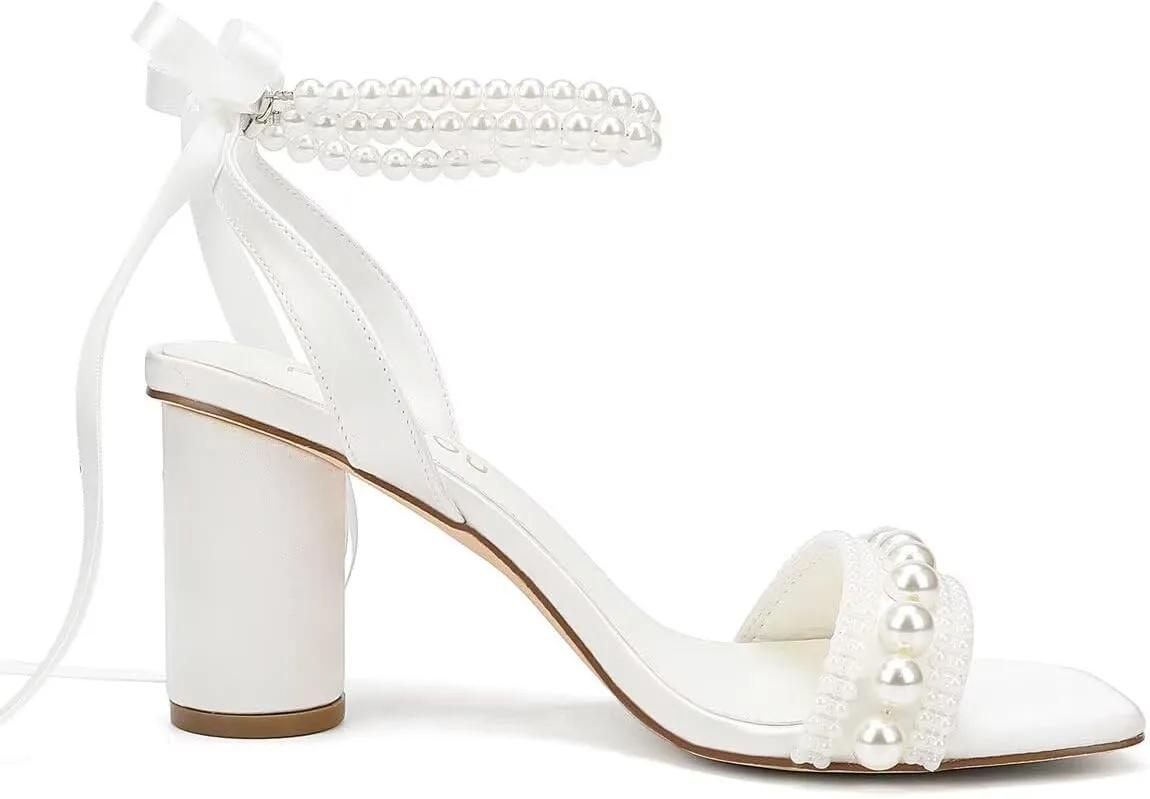 Block Heel Wedding Sandals Pearl Heels Wedding Shoes for Bride Open Toe Bridal Shoes