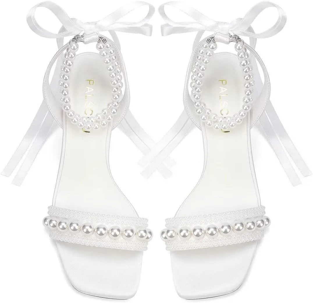 Block Heel Wedding Sandals Pearl Heels Wedding Shoes for Bride Open Toe Bridal Shoes
