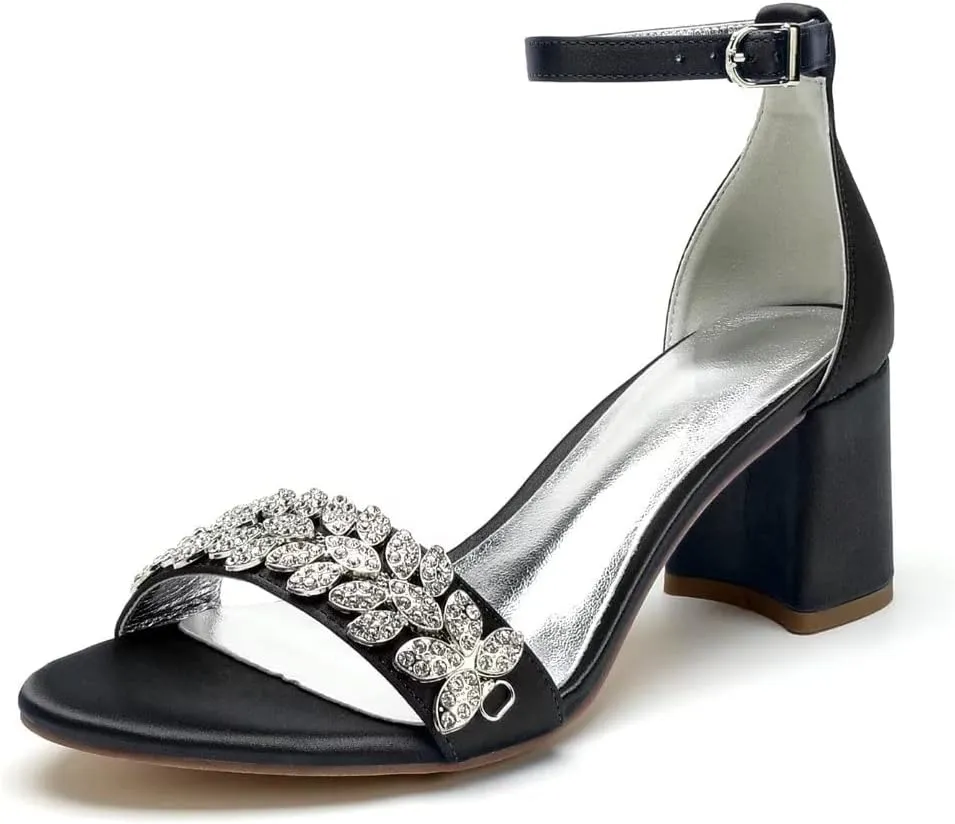 Block Heel Wedding Sandals Shoes for Bride Open Toe Crystals Formal Party Heels Sandal 1151-3
