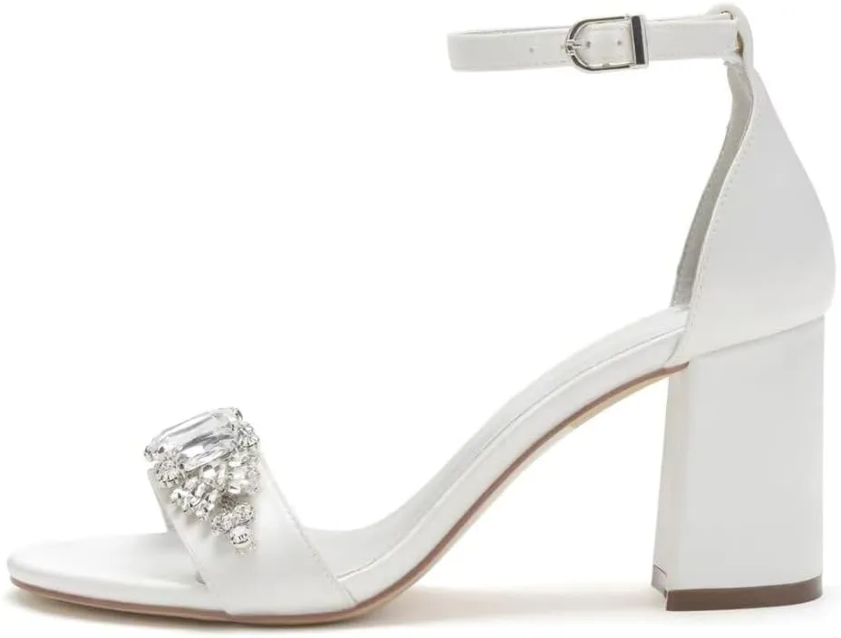 Block High Heel Sandals for Bride Rhinestones 3IN Heels Wedding Shoes Formal Party Sandals