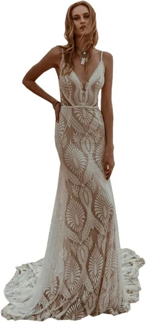 Bohemian Beach Wedding Dress Spaghetti Straps Lace Mermaid Bridal Gown with Train