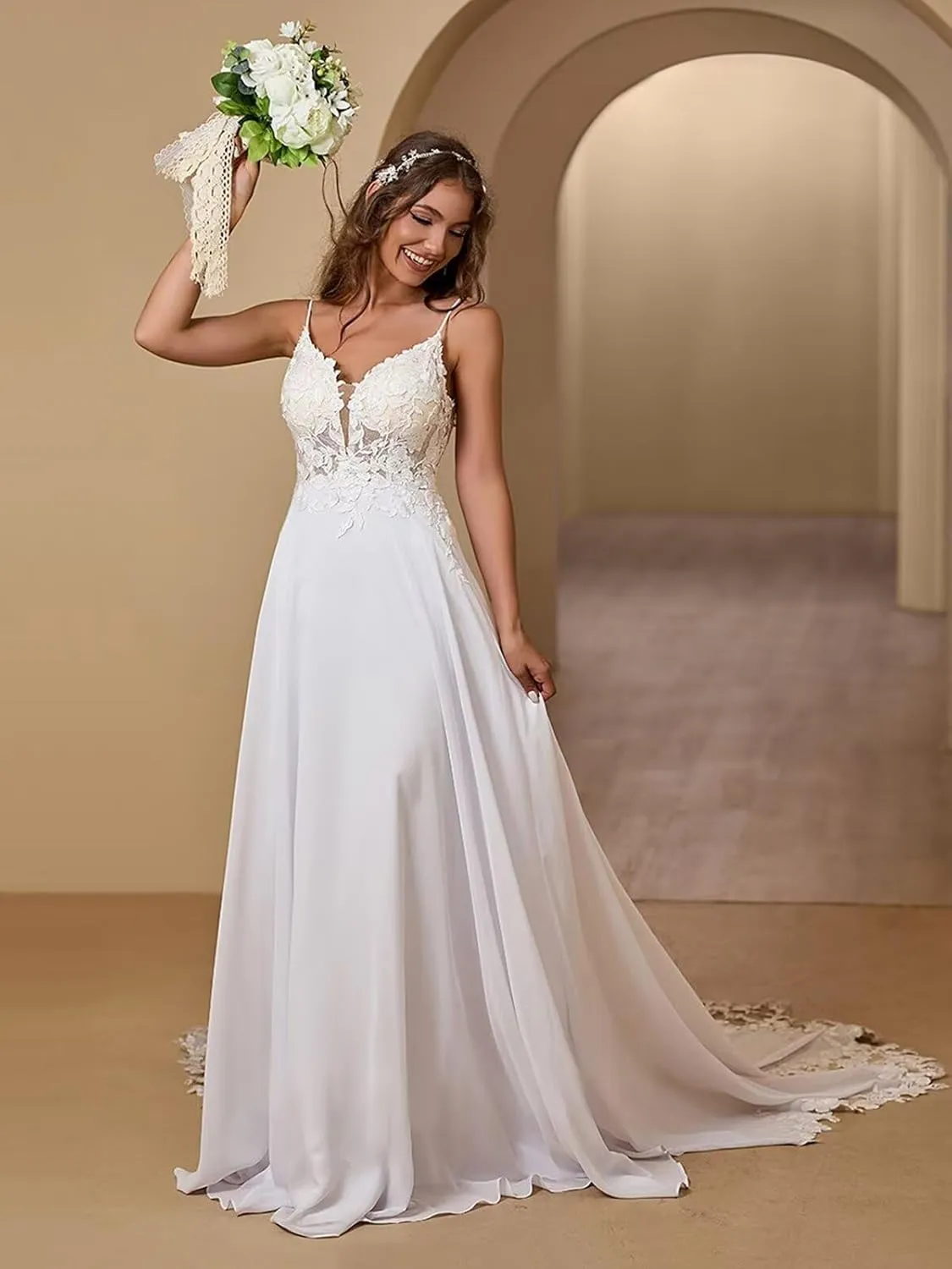 Boho Beach Wedding Dresses for Bride Lace Chiffon Backless Bridal Gowns for Wedding 2025