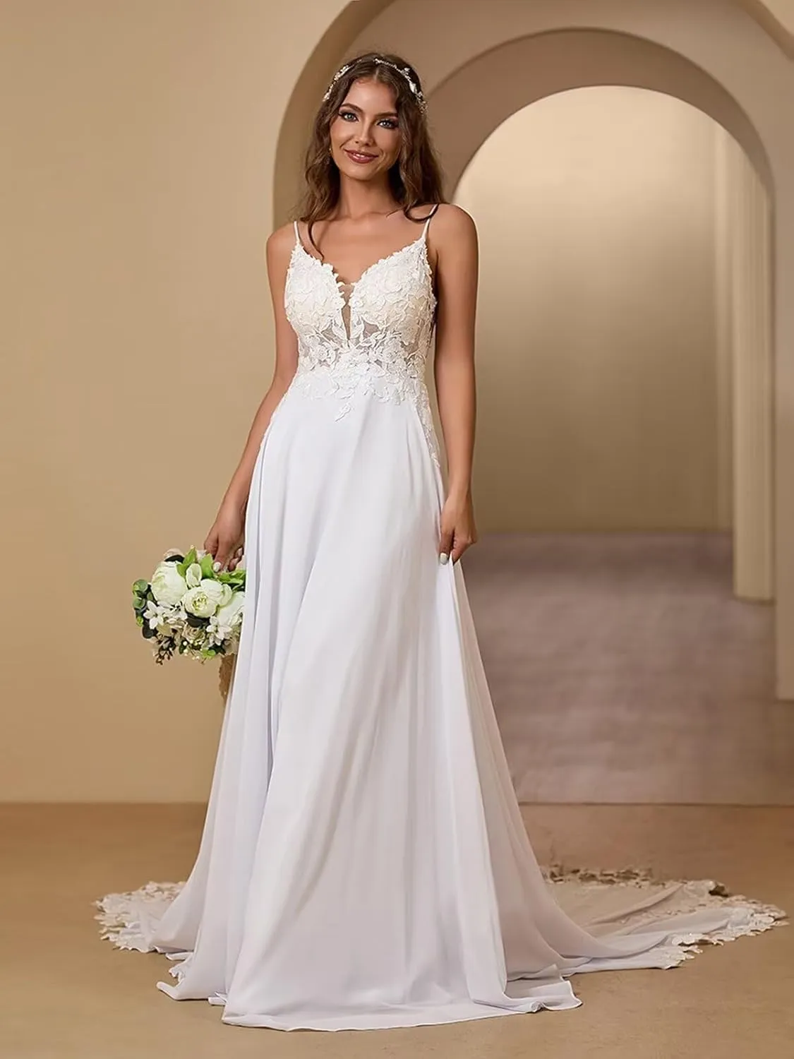 Boho Beach Wedding Dresses for Bride Lace Chiffon Backless Bridal Gowns for Wedding 2025