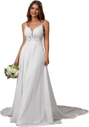 Boho Beach Wedding Dresses for Bride Lace Chiffon Backless Bridal Gowns for Wedding 2025