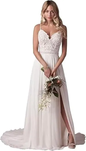 Boho Beach Wedding Dresses for Bride Lace Chiffon Backless Bridal Gowns for Wedding 2025